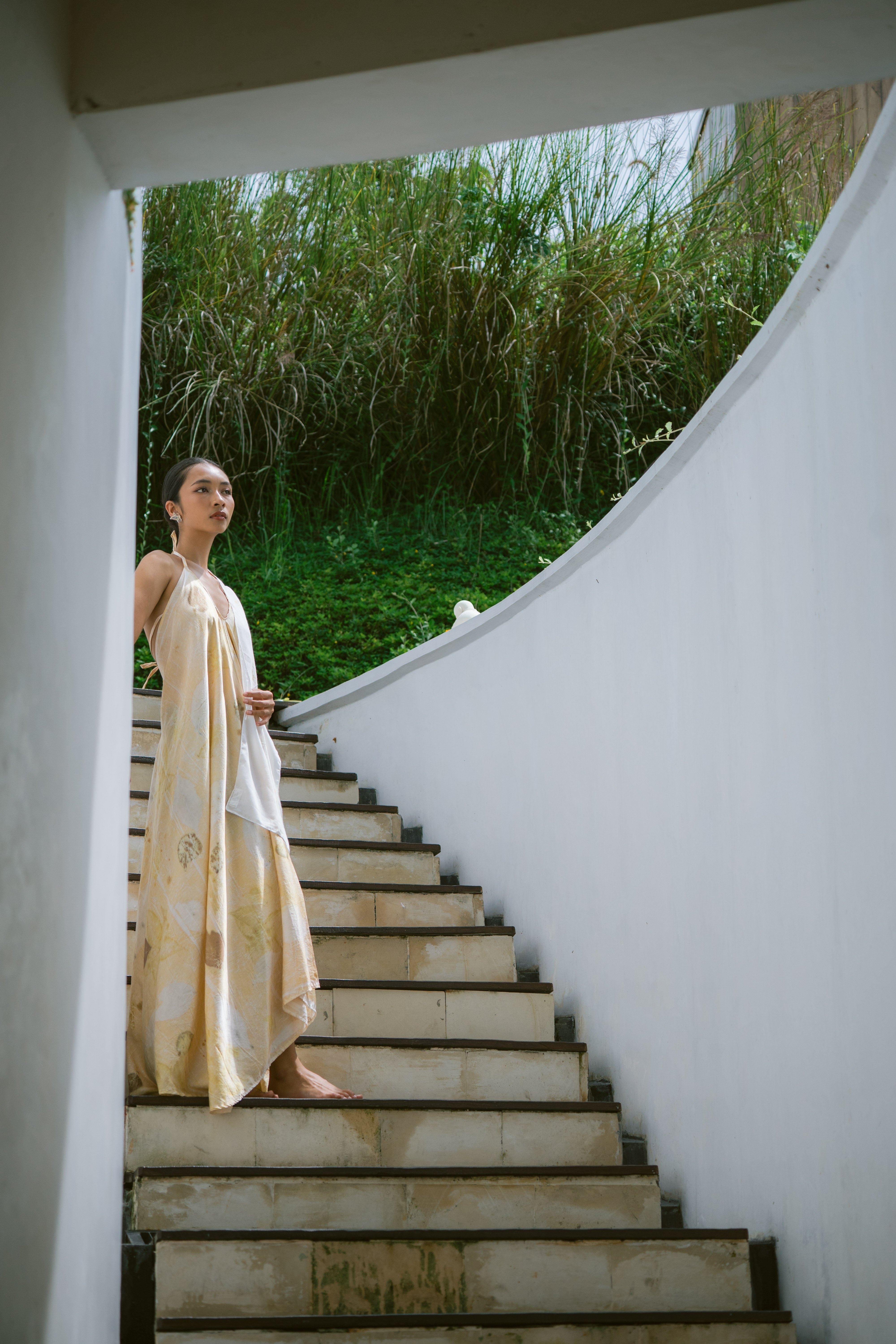 The Goddess – Yellow, White & Green Leaves Cotton Silk Eco Print Dress